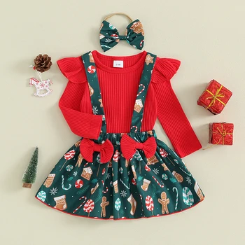 0-12M Baby Meitenes Ziemassvētku ClothesLong Piedurknēm Romper un Drukas Zeķu Svārki, Gudrs Galvu Xmas 3 Gabals Apģērbs