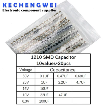 1210 SMD Kondensatora nažu komplekts ,10values*20pcs=200pcs 100nF~100uF Paraugu Komplektu elektronisko diy komplektu