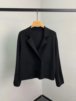 2023 Minimālisma dubultā krūtīm, stilīgs uzvalks apkakli, trikotāžas mētelis melns