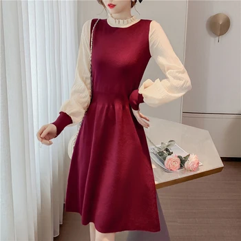 2023 Sieviešu Black Adīt Līmēšana Midi Kleita Rudens Ziemas Jaunas Sarkanās Korejas Modes Kleitu Elegants Vintage Bodycon Gadījuma Puse Kleita