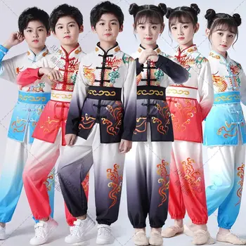 2023 Tradicionālā Ķīniešu Ušu Sequin Apģērbu, Tai Chi Vienotu Bērniem Kungfu Tērpiem, Skatuves Darbības Hanfu Topi+elsas+drošības jostas Komplekts