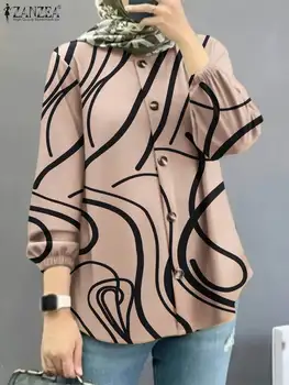 2023 ZANZEA Modes Dubaija Musulmaņu Blūze Sieviete Puff Piedurknēm Drukāts Chemise Elegants Pogu Blusas Gadījuma Eid Mubarek Krekls