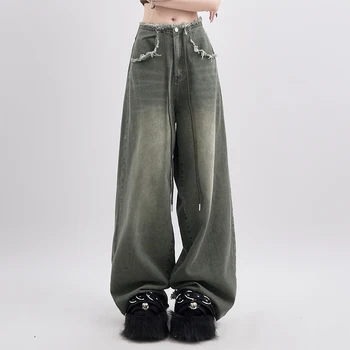 Amerikāņu Retro Stila High Street Džinsi Sieviešu Jauns Brīvs Plaša Kāju Bikses Moderns Y2K Gadījuma Streetwear Zaļās Džinsa Bikses