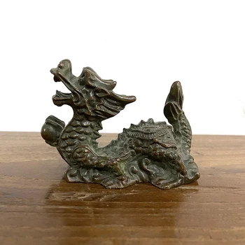 Antīkas Bronzas Rotājumu Ķīnas Mītisko Dzīvnieku Pūķa Statuja, Vara Figūras Miniatūras Tīra Misiņa Pūķi, Prese Kolekcija