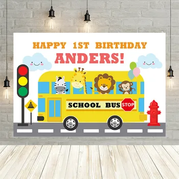 Avezano Laimīgs 1. Dzimšanas dienu Personalizētu Fons Karikatūra Dzīvnieku Skolas Autobuss Bērnu Duša Fotogrāfijas Fona Banner Photophone