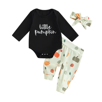 Baby Meitenes 3 Gabals Apģērbs Halloween Vēstuli Izdrukāt, Garas Piedurknes Romper un Ķirbju Bikses Galvu Cute Apģērbs