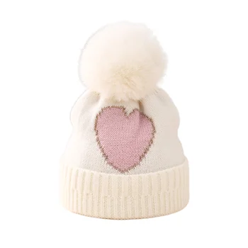 Baby Meitenes Beanie Žakarda Sirds Bobbles Rudenī, Ziemā Silts Biezāka Vilna Klp Maziem Bērniem Beanie Adīta Cepure