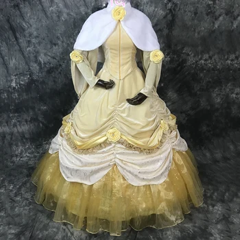 Belle Princese Kleita Cosplay Tērpu Halloween Kostīmi Dzeltena Sieviešu Kleita Bumbu Kleita Apakšsvārki ar Mežģīņu Augšu, garām Piedurknēm