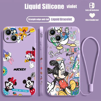 Disney Mickey Mouse Ģimenes Apple iPhone 15 Ultra 14 13 12 11 XS XR X 8 7 Pro Max Plus Mini Šķidrums pa Kreisi Virves Telefonu Gadījumā
