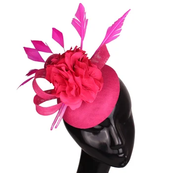 Elegants Karstā Rozā Kāzu Cepures Imitācija Sinamay Sieviešu Fascinator Cepures Spalvu Līgava Matu Aksesuāri Vintage Ziedu Galvassegu