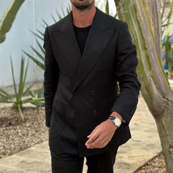 Elegants Melns Vīriešu Slim Fit Uzvalks Modes Maksimālā Atloks Dubultā Krūtīm, 2 Gabals Oficiālu Smart Casual Balli Puse Kāzu Uzvalku Kostīms