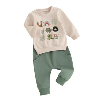 Jaundzimušo St Patrika Diena Baby Boy Apģērbs Ar Garām Piedurknēm Crewneck Vēstuli Āboliņš Drukāt Jogger Sporta Krekls Bikses
