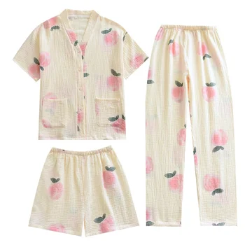 Jaunā pavasara vasaras sieviešu pidžamas trīs gabals, kas īsām piedurknēm + bikses + bikses 100% kokvilnas, krepa persiku drukāt homewear komplekts