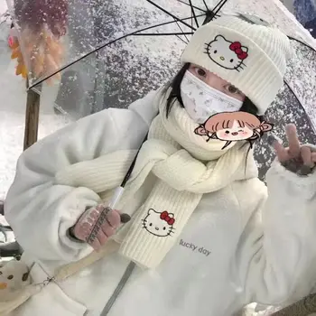 Kawaii Sanrio Anime Hello Kitty Multfilmas Rudens un Ziemas Vilnas Adīti Siltā un Aukstā Izturīgi Šalle Adīta Cepure Meitenēm Dāvanas