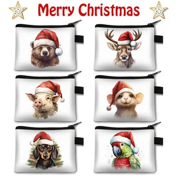 Kawaii Ziemassvētku Dzīvnieku Print Monētas Jostas, Maki Santa Hat Kaķis, Suns Ziemeļbriežu Aitu Naudas Maiss Mazo Maku Uzglabāšanas Maisi Kartes Turētāju Dāvana