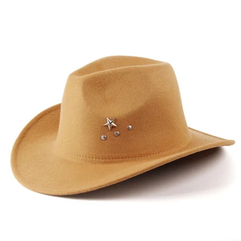 Kovboju cepure vīriešu cirtaini malām vilnas cepure rudens un ziemas pieci norādīja zvaigzne fedora cepuri āra rietumu izjādes cepure Panama cepure