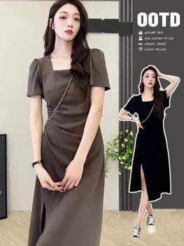 Kvadrātveida Kakla Īsām Piedurknēm T-krekls, Kleita Elegants Sieviešu Vasaras 2023 New Hong Kong Stila Šiks Sadalīt Ilgi Svārki Viduklis Modes