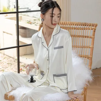 Long Piedurknēm Jaka Loungewear Minimālisma Homewear Sexy Atloks divdaļīga Pidžamas Sieviešu Satīna Sleepwear Zaudēt Gadījuma Naktsveļu