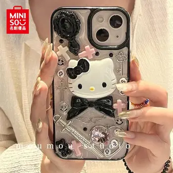 MINISO Kawaii Sanrios Anime Hello Kitty Stereo, Black Bezel Kt Kaķis Apple 14/13Promax iPhone Gadījumā, 12/11/xsmax Anti-Šoka 8Plus/6S