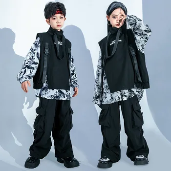 Mazulis Hip Hop Apģērba Izdrukāt Lielizmēra Krekls Veste Top Black Wide Gadījuma Kabatas Kravas Bikses, lai Meitene Zēns Džeza Deju Tērpu Apģērbs