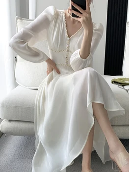 Midi Kleitas Pavasara Vasaras 2023 Jaunas Sievietes Sieviešu Vestdios Lady Līnijas Puses Elegants Slim Korejas Balto Kleitu Modes Apģērbi