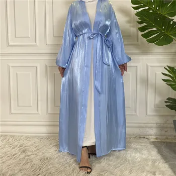 Modes Atvērt Abaya Spīdīga Satīna Jaciņa Musulmaņu Sieviešu Garo Maxi Kleita Turcija Arābu Kaftan Dubaija Ramadāna Kimono Jalabiya Caftan Eid