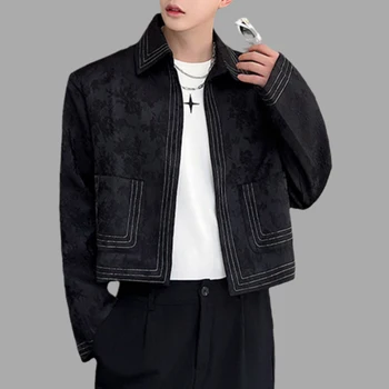 Modes Vīrieši Žakarda Bleizeri Atloks Ar Garām Piedurknēm Kultūru Mēteļi Streetwear Rudens Jaunas Šiks Personības Gadījuma Plānas Uzvalks, Virsdrēbes