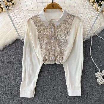 Pavasara korejas Modes Spīdīgu Gabals Viltus Divas Gabals ar garām Piedurknēm Vienu krūtīm Kreklu Dizaina Sajūtu garām Piedurknēm Top Brīvs