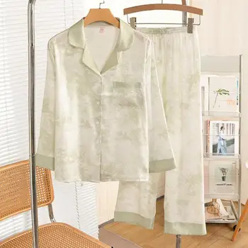Pidžamas 2gab Satīna Homewear Sieviešu Drukāt Sleepwear Tērps, Krekls ar garām Piedurknēm, Garās Pidžamas Komplekts Pavasara Naktsveļu pj ' s Apakšveļas