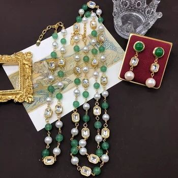 Pārrobežu nekustamā gold plating ilgtermiņa, īstermiņa un zaļa stikla pērļu kaklarota, auskari cut gems džemperis ķēdes, auskari uzvalks