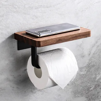Radošā masīvkoka papīra dvieļu plaukts Perforators bezmaksas tualetes papīra turētājs Tualetes mobilo telefonu plaukts Black walnut roll grāmatu plaukts