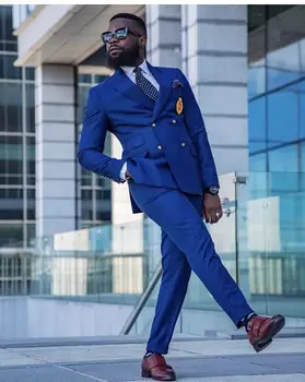 Royal Blue Dubultā Krūtīm, Kāzu Vīriešu Uzvalkus Modes Tērpu Homme Slim Fit Uzvalku Balli Līgavainis Žakete Masculino Terno 2 Gabali