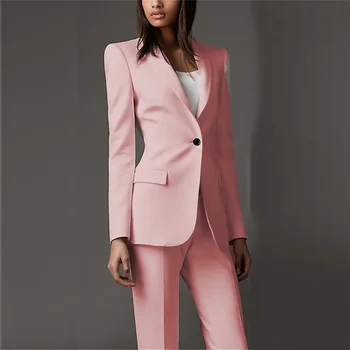 Rozā Sieviešu Uzņēmējdarbības Tīrtoņa Krāsas Bikses Uzvalki Oficiālu Biroja Dāmas, 2 Gab. Komplekts Sieviešu Slim Fit Modes Vienu Pogas Pasūtījuma