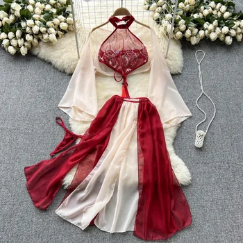 Sarkana Ķīniešu Tradicionālā Perspektīva Apakšveļa Cosplay Mīksto Sieviešu Drēbes Chemise Šifona Sleepwear Sexy Nightdress Hanfu Pasaku Kleita