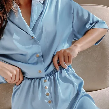 Sievietēm ar Īsām Piedurknēm Krekls&Pidžamas bikses Uzvalks Vasarā Jaunas Bikses Komplekts Satīna 2gab Loungewear Modes Pogu uz Leju, Mājas Drēbes