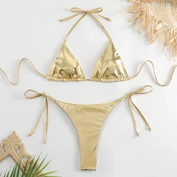 Sieviešu Šķidrā Metāla Varavīksnes Bikini Komplekti Spīdīgas String Polsterēta Trīsstūris 2 Gabali Peldkostīmu Komplekts