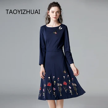 TAOYIZHUAI vintage kleita zilā O kakla Ceļa garums tauriņš izšuvumi rokas piedurknes puses birojs lady kleita puse vestidos