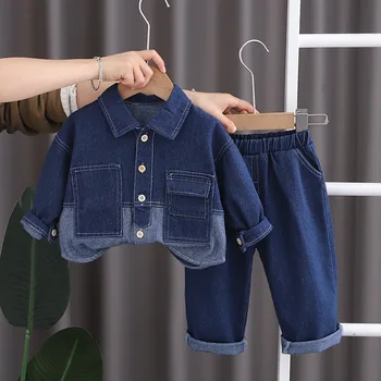 Toddler Pavasara Tērpiem 2024 Jaunu Puiku Drēbes no 1 Līdz 2 Gadiem korejiešu Stilā, Savukārt Apkakle Džinsa auduma Žaketes un Bikses Bērniem, Zēniem, Uzvalks