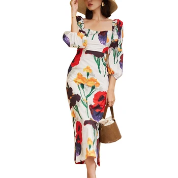 Vasaras Garā Kleita Sievietēm Puff Piedurknēm Laukumā Apkakles Vintage Print Ziedu Kleitas, Elegantas Dāmas Augsta Vidukļa Slim Boho Kleita Drēbes