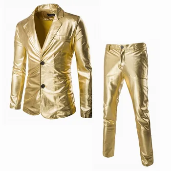 Vīriešu Spīdīga Zelta, 2 Gabali, Uzvalki (Žakete+Bikses) Modes Pusei Terno Masculino DJ Klubu Kleitu, Uzvalku Uzvalks Vīriešu Skatuves Dziedātāja Drēbes