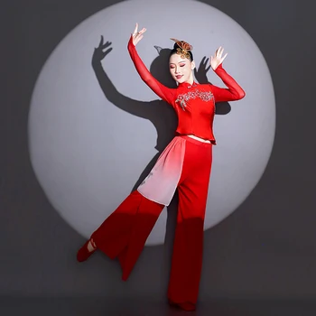 Yangko Deju Kostīms, Sarkans Ventilators Jumta Deju Apģērbi Skatuves Deju Apģērbs Tradicionālā Vidukļa Bungas Uzvalks Pieaugušo Elegants Prakses Drēbes
