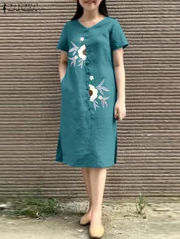 ZANZEA Vasaras Vintage Ziedu Izšuvumu Kleita Sievietēm Bohēmijas V Kakla Īsām Piedurknēm Midi Sundress Gadījuma Kokvilnas Vestido Drēbes Femme