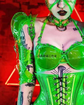 Zaļā Nākotnes Tehnoloģiju Kostīmi Naktsklubs, Bārs Sexy Luminiscences Zaļā Bikini Dziedātāja Ds Puse Halloween cosplay kostīms