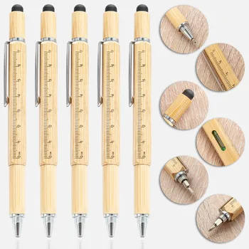 Daudzfunkcionāls bambusa rīku pen seši-in-one skrūvgriezi Līmeņa skala Kondensators pildspalvu Skrūvēm lodīšu pildspalvu