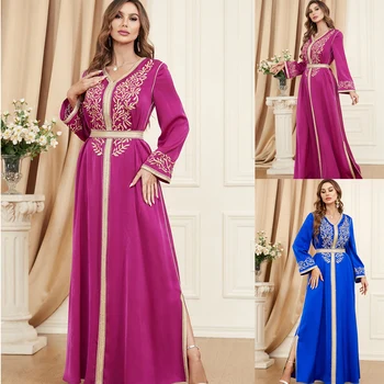 Elegants Musulmaņu Kleita Sievietēm Abaya Siksnas Izšuvumi Sadalīt Marokas Puse Kleita Kaftan Turcija Arābu Ilgi Drēbes Vestidos Dubaija Kleitas