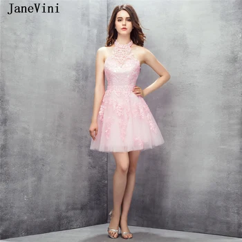 JaneVini Elegants Rozā Īstermiņa Homecoming Kleitas Līnijas 2019 Pavada Mežģīnes Appliques Fāzēm Backless Tilla Mini Prom Kleitas Plus Lieluma