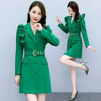 Modes vienkrāsainu Vērtnes Savienoti Krokas Ruffles Mini Kleita Sieviešu Apģērbu 2024. Gadam Pavasara Jaunu Zaudēt Biroja Dāma Dāmas Kleitas