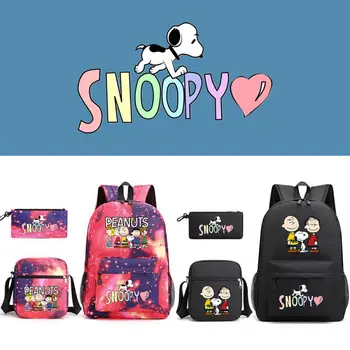 Snoopy Cute Karikatūra Animācijas Trīs Komplekti Schoolbag Studentu Ceļojumu Pleca Soma Liela apjoma Drukas Plīša Pleca Soma