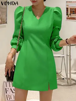 VONDA 2024 Vasaras Sievietes Kleitu Modes Mini Sundress tīrtoņa Krāsu Puff Piedurknēm Sexy V Kakla Elegants Puse Vestidos Ikdienas Drēbes Femme
