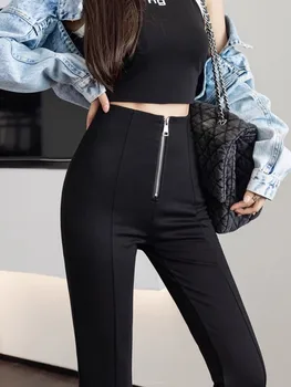 melns Plaša Kāju Bikses Sievietēm Rāvējslēdzēju Augstas Starām. Šiks Izlīdzināšanu Elsas Dāma korejas Modes Streetwear Biznesa Elegants Gruntis Drēbes